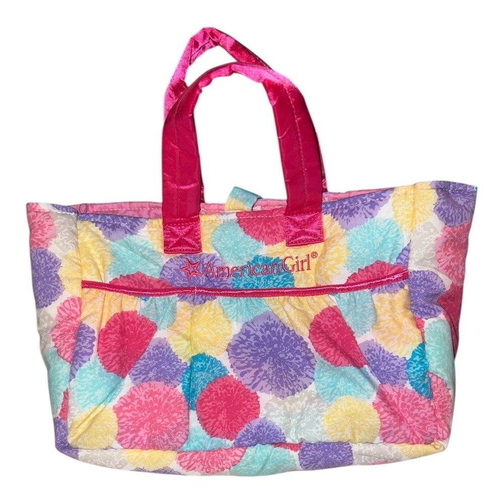 American Girl Kids Tote Bag Colorful Floral‎ Print Pink Handles Pouch Pocket